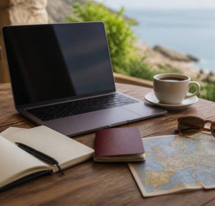 Vakantie vergelijken aan tafel met laptop, notitieboek en reisbenodigdheden