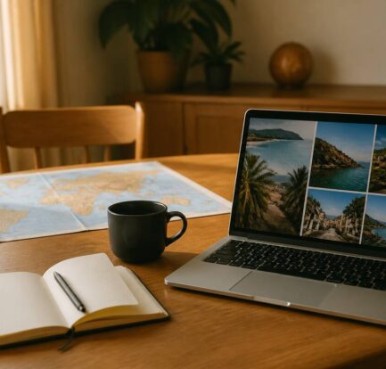 Notitieboek en laptop op tafel tijdens het plannen van een vakantie
