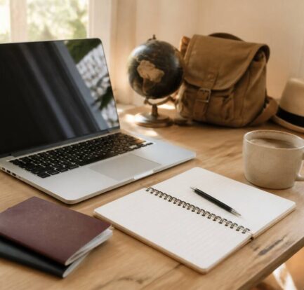 Laptop en notitieboekje op tafel tijdens het plannen van een vakantie