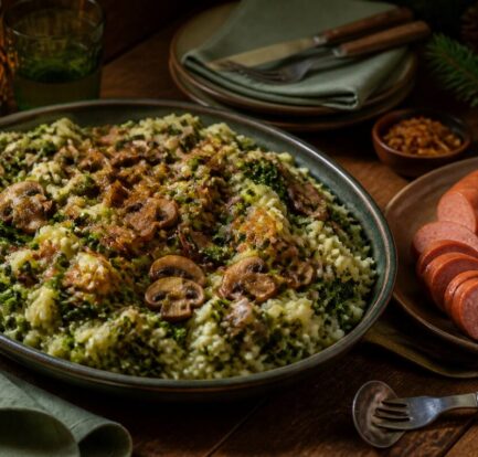 Winterse stamppot in een schaal op een houten tafel met toppings en bijgerechten