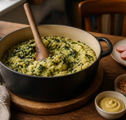 Pan met stamppot en toppings op een houten keukentafel