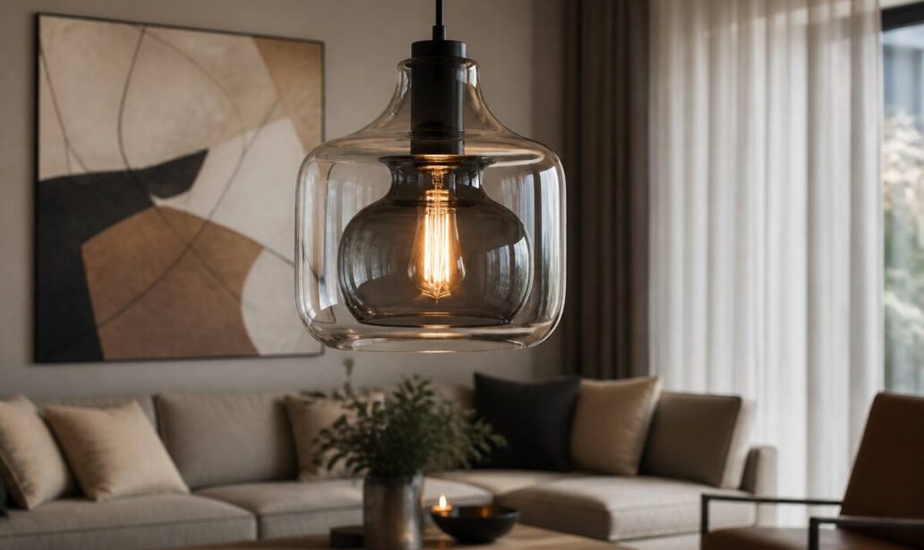 Glazen hanglamp als eyecatcher in een modern interieur met warm licht