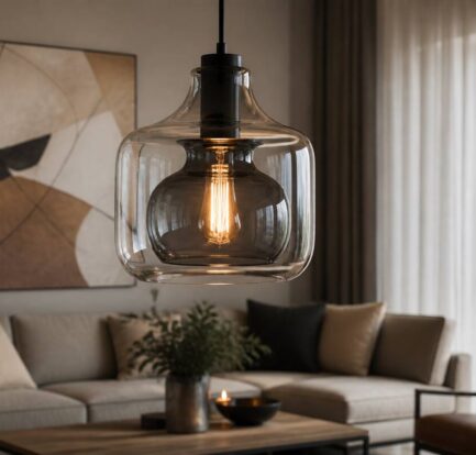Glazen hanglamp als eyecatcher in een modern interieur met warm licht