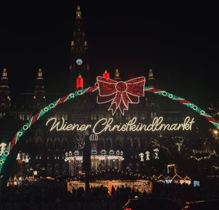 A christmas light display in front of a large building
