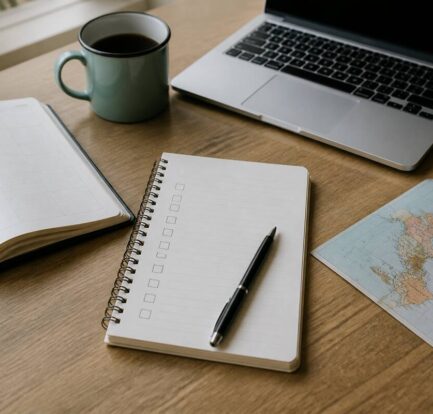 Checklist voor het vergelijken van vakanties op bureau met laptop en agenda