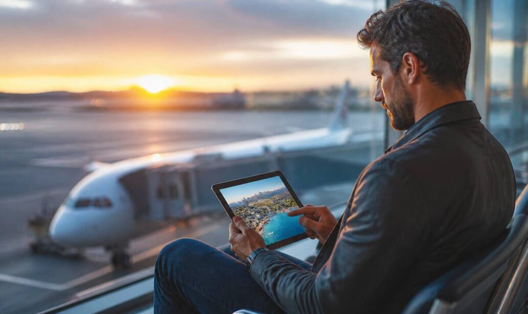 Reizen vergelijken op een tablet bij een raam met uitzicht op een luchthaven