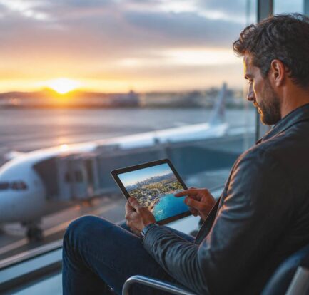 Reizen vergelijken op een tablet bij een raam met uitzicht op een luchthaven