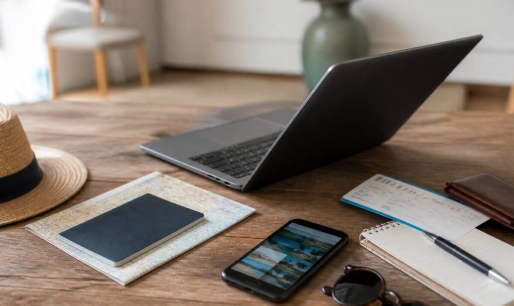 Vergelijken van vakanties op laptop met reispapieren en reisaccessoires