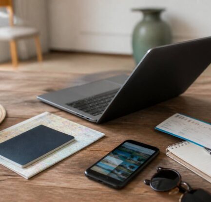Vergelijken van vakanties op laptop met reispapieren en reisaccessoires