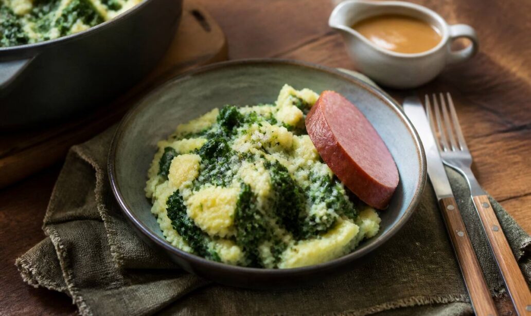 Kom stamppot met aardappelpuree, groente en rookworst op een houten tafel