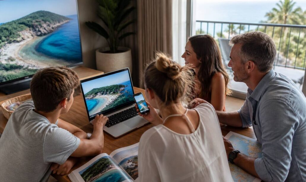 Reizigers vergelijken vakanties op een laptop met reisgids op tafel