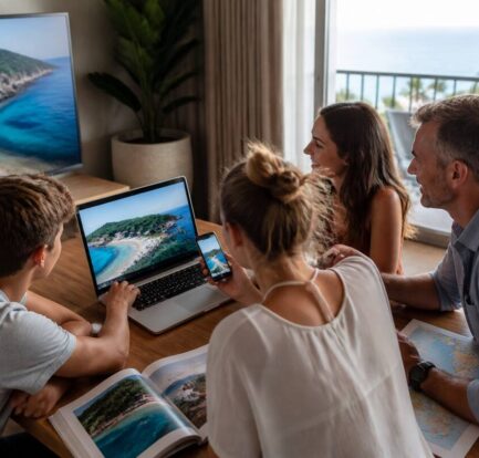 Reizigers vergelijken vakanties op een laptop met reisgids op tafel