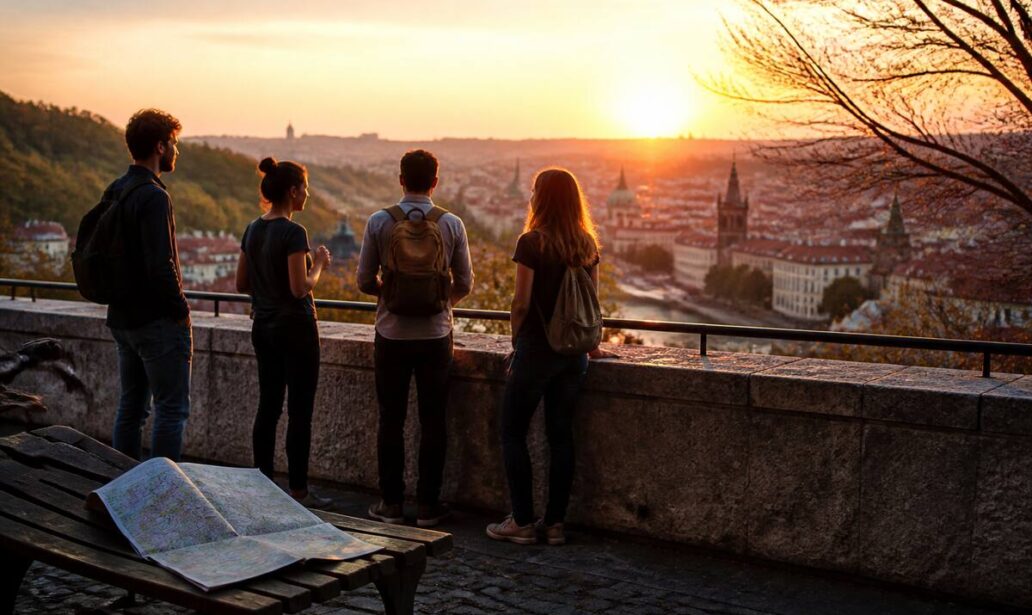 Reizigers bekijken een routekaart in Europa tijdens golden hour