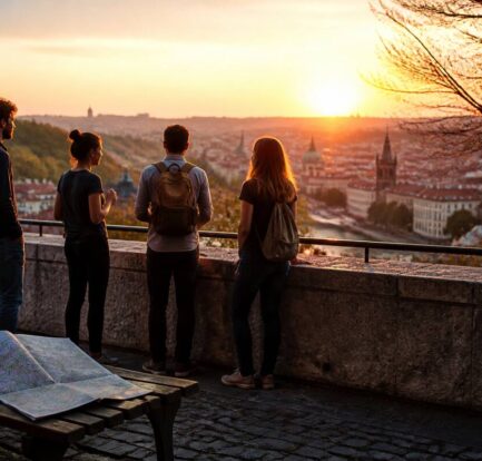 Reizigers bekijken een routekaart in Europa tijdens golden hour
