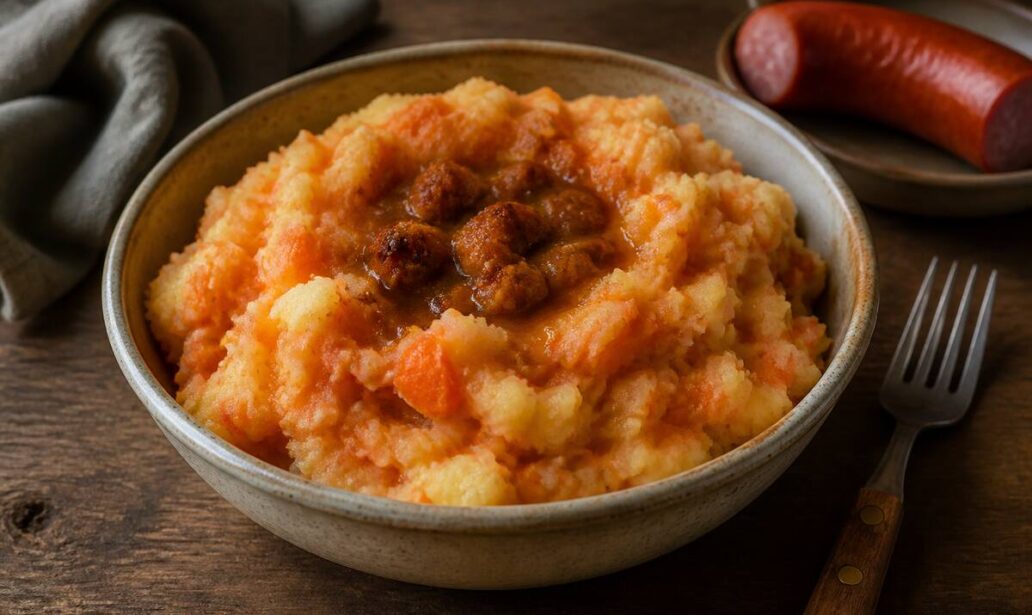 Stamppot hutspot in een stenen schaal met rookworst en warme natuurlijke verlichting